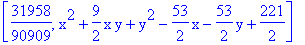 [31958/90909, x^2+9/2*x*y+y^2-53/2*x-53/2*y+221/2]